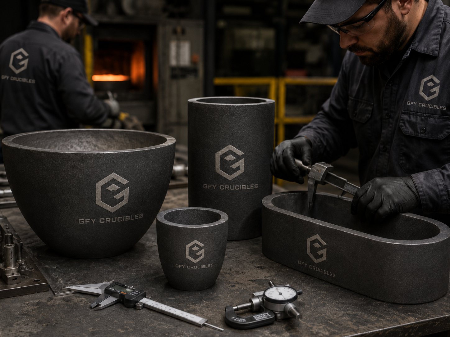 Technician measuring crucibles with calipers and inspection tools